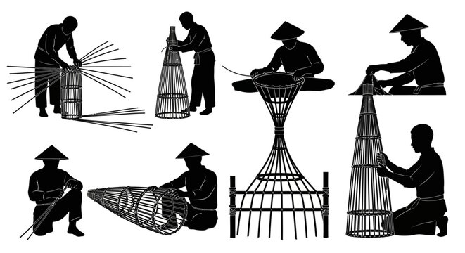People making and using bamboo sieves in a traditional setting outdoors.