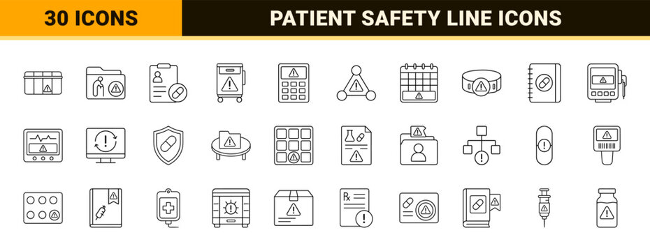 Medication allergy alert line icon set. Vector pictograms of patient safety, clinical warning, pharmacy alert, and healthcare risk elements, thin linear illustration.