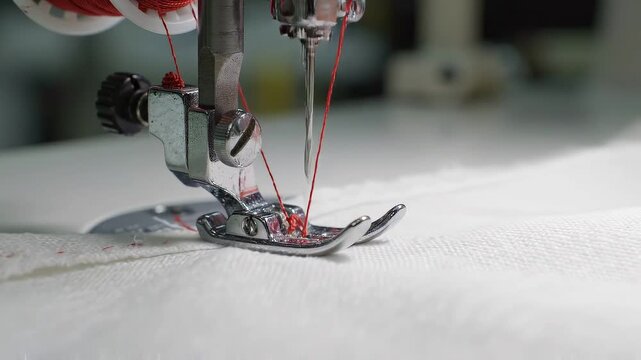 Close-up of sewing machine needle stitching white fabric with red thread