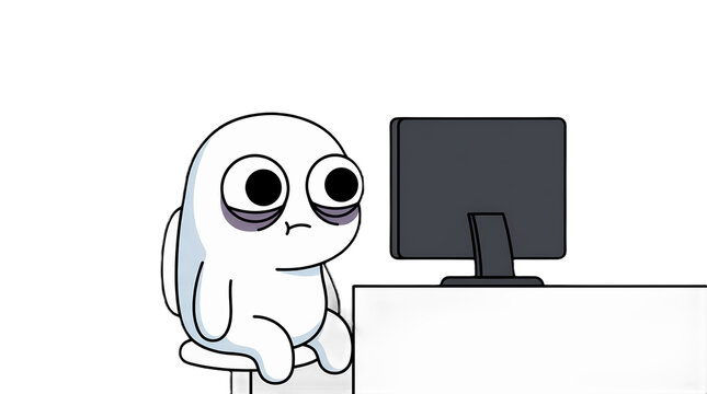 Tired Cartoon Character Staring Blankly at Computer Screen