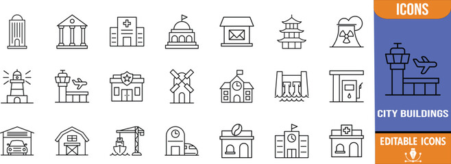 City public buildings and places icons. hospital icon set, school icon set, airport icon set © Romjan