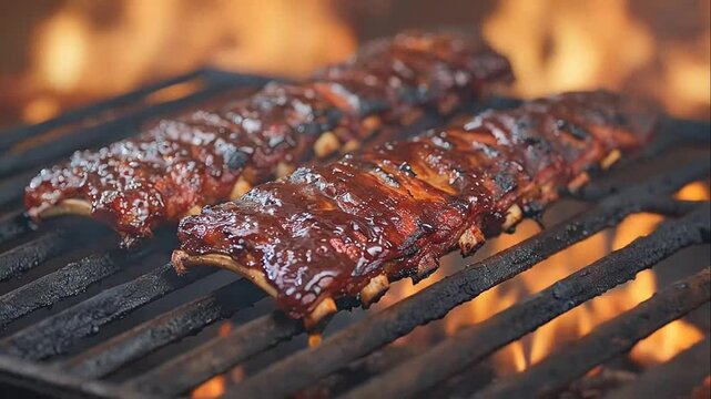 Glazed pork spare ribs grilling on a charcoal barbecue rack over intense open flames