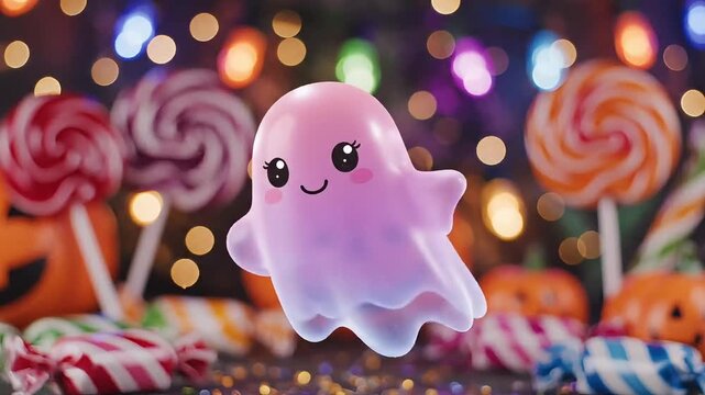 Cute pink ghost floating among colorful Halloween candies and festive lights