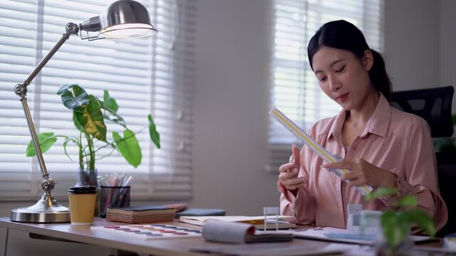 Young Asian woman furniture designer talking on phone while sketching plans with ruler at bright home studio desk with green plants