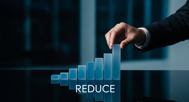 Business cost reduction concept, businessman hand lowering blue bar graph, financial risk management and expense optimization strategy