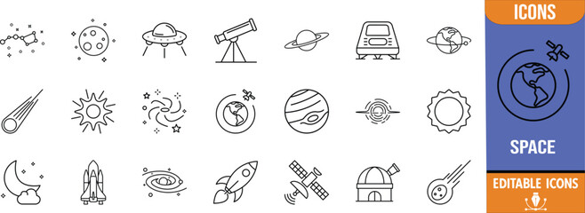 Space and astronomy outline vector icons. rocket icon set, planet icon set, telescope icon set © Romjan