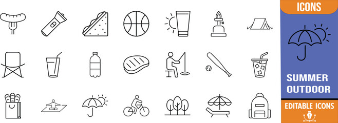 Summer outdoor recreation line icons. tent icon set, backpack icon set, sunscreen icon set © Romjan