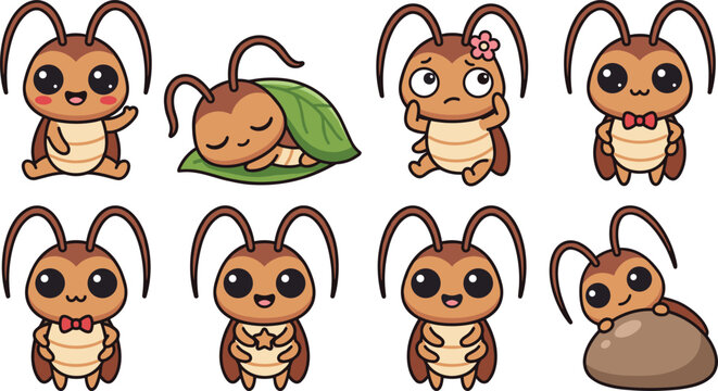 Cute Cockroach Cartoon Character Vector Set with Friendly Expressions Sleeping under Leaf and Hiding behind Rock Symbols for Kids Graphic Sticker Designs