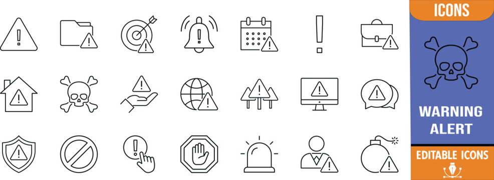 Warning alert error outline vector icons. skull icon set, stop icon set, bell icon set