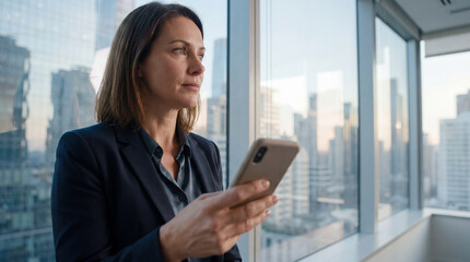 Fototapeta premium Business woman with smartphone by window in office, city skyline background, thoughtful expression