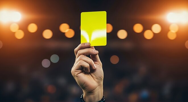 Hand Holding Yellow Card in Sports Stadium