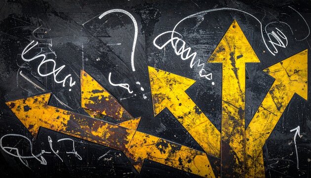 Chaotic arrows crossing directions on dark textured background