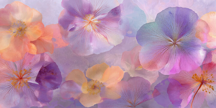 Pink flowers dancing in the wind and sky, a bright spring garden with blooming blossoms, butterflies, and colorful nature under a blue sky