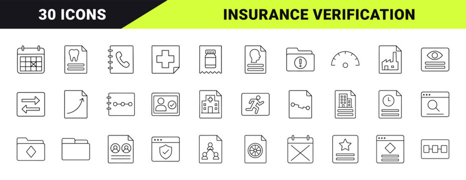 Insurance verification desk line icon set. Vector pictograms of medical billing, healthcare coverage, policy eligibility, and patient intake elements, thin linear illustration.