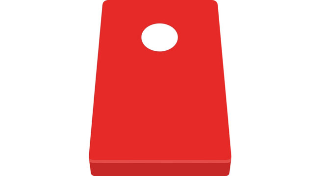 Simple flat red cornhole bag with white hole against white background top view studio light graphic