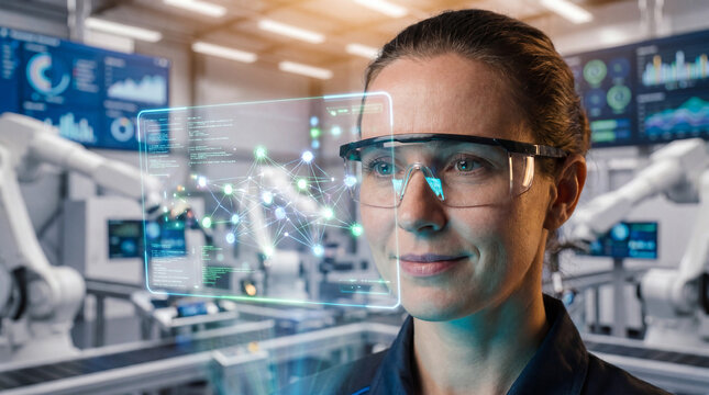 Professional woman safety glass technology lab digital interface robotics lab artificial intelligence close up portrait modern workplace female