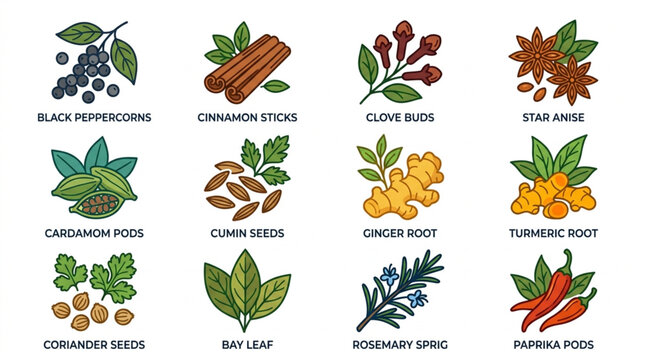 Collection of Various Spices and Herbs Illustrated.