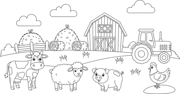 Farm animals and barnyard scene outline for coloring pages