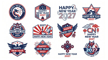 Asian inspired happy new year 2027 vector emblem collection featuring dragon motifs and traditional decorative patterns celebration oriental illustration insignia greeting traditional © Shaon