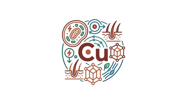Copper element Cu in biological systems and cellular processes illustration.