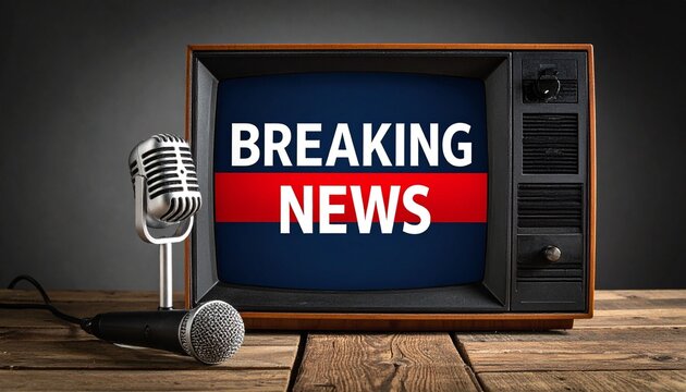 Retro TV and microphone showing urgent &ldquo;BREAKING NEWS&rdquo; alert