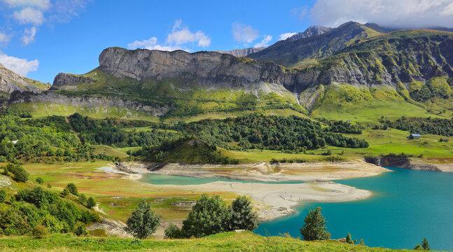 Lake Lac de Roselend in the mountains landscape, French Alps, Beaufort, Savoie, France, Europe.
