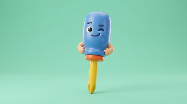 3D render of a cute screwdriver character winking, illustrating problem-solving and expert help, isolated on a green background.