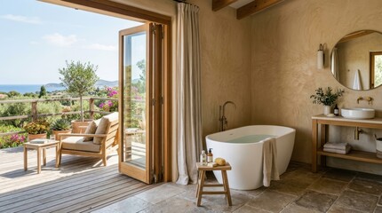 Fototapeta premium Luxury bathroom with freestanding tub opens to a serene Mediterranean coastal view