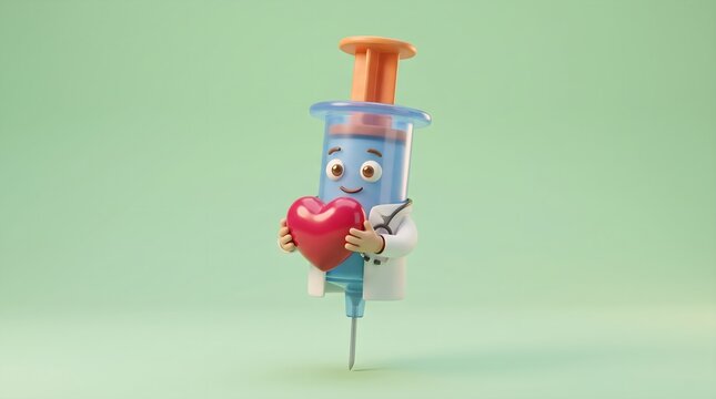 3D render of a cute syringe doctor character holding a heart, illustrating medical care and heart health, isolated on a light green background.