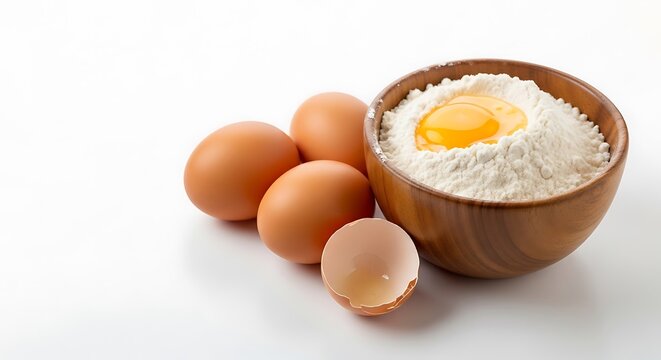 Fresh raw eggs next to wooden bowl of flour on white background minimalist composition