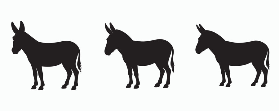 Black donkey silhouette isolated on light background, domestic farm animal illustration featuring a sturdy equine in side profile, ideal for agriculture and rural concepts.