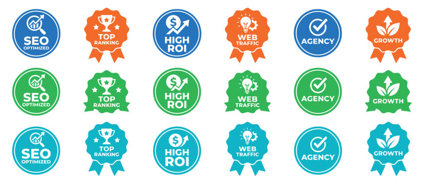 Sales stickers labels collection vector illustration of seo roi web traffic agency growth icons