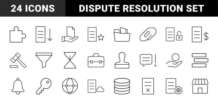Claim appeal process line icon set. Vector pictograms of insurance, legal, dispute, and compensation elements, thin linear illustration.