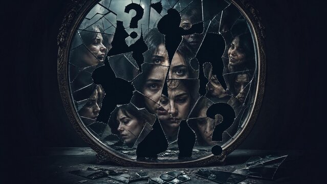 missing. A shattered mirror reflecting different emotional faces instead of memories with missing pieces forming question marks. wellbeing guides.
