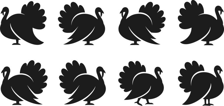 Eight black turkey silhouettes thanksgiving pattern for autumn decorations and seasonal designs
