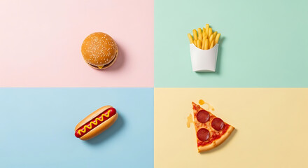 Fast food favorites are arranged in a clean grid pattern on colorful pastel backgrounds.