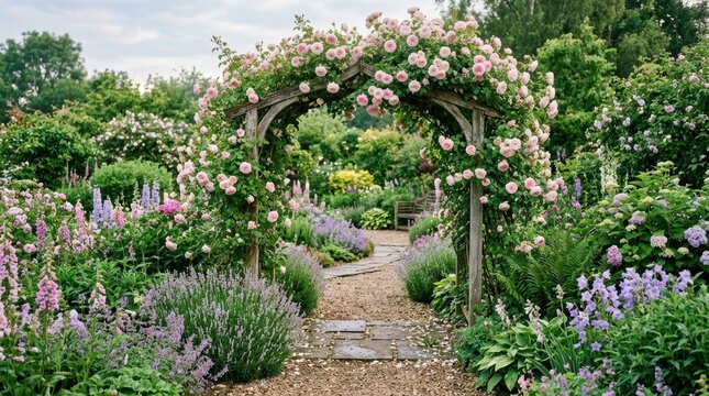 English garden archway covered in pink roses and blooming flowers