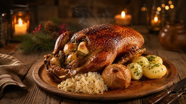 Gebratene Gans mit &Auml;pfeln, Kartoffeln und Sauerkraut als russisches Weihnachtsessen