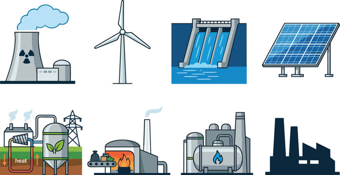 Renewable and Nonrenewable Energy Power Plant Icon Set Featuring Solar, Wind, Hydro, Nuclear, Geothermal, and Fossil Fuel Factory Vectors