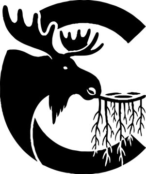 Moose head silhouette with antlers and circular design.