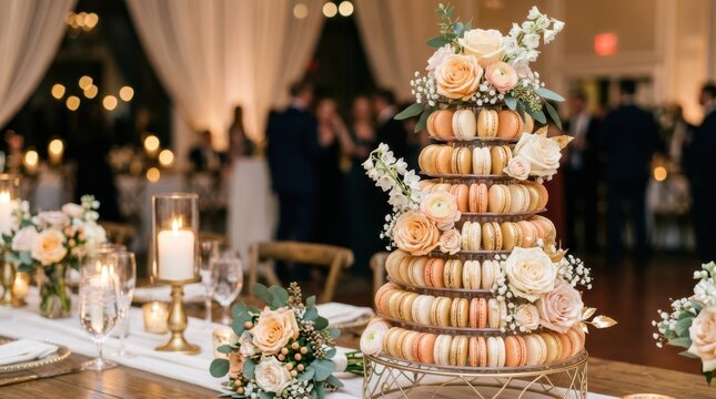 Elegant wedding reception with a tiered macaron tower and floral centerpieces