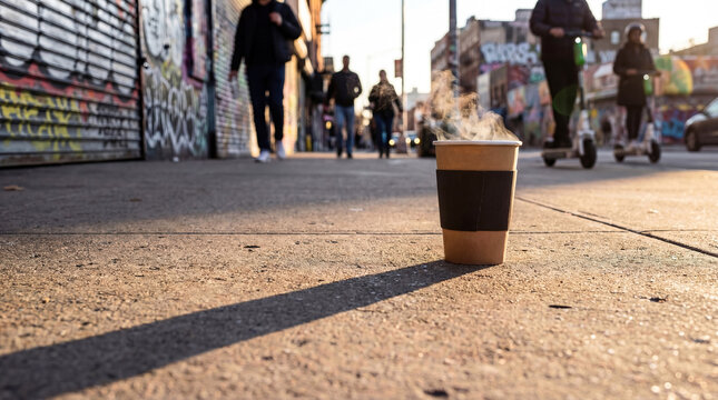 Takeaway coffee cup on city street with graffiti and blurred people on background in morning light. Real life product photo of steaming disposable cup for hot drinks ad. Horizontal banner.
