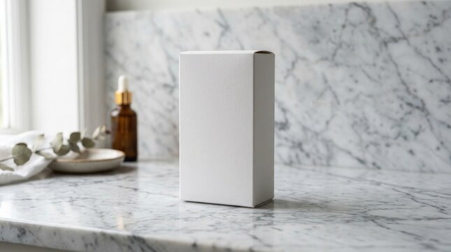 White cardboard box on marble countertop with beauty products