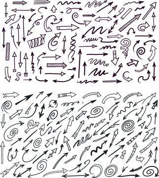 Hand Drawn Doodle Arrow Collection, Sketch Direction Arrows, Curved and Straight Navigation Arrows Set Vector EPS