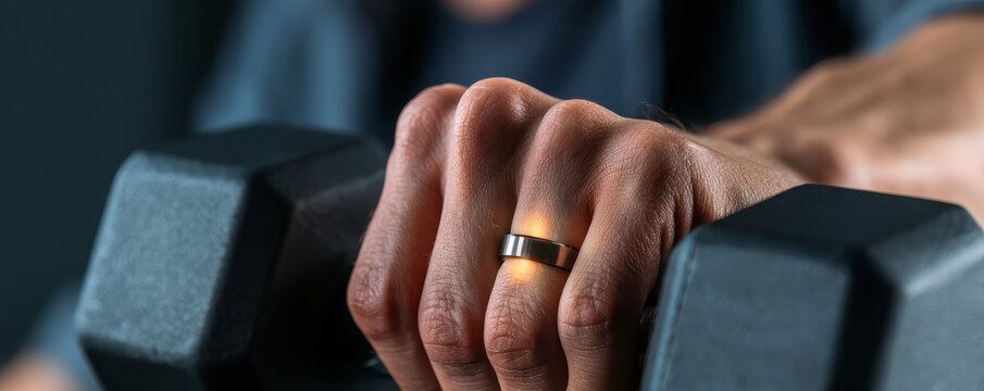 Smart ring glow fitness technology ring hand grip dumbbell wearable device training gym workout closeup modern health gadget athletic lifestyle exercise focus male hand strength futuristic