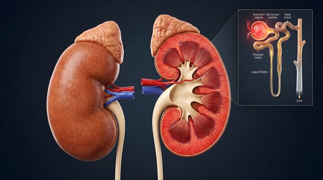 3D medical illustration of human kidneys with cross-section and nephron diagram