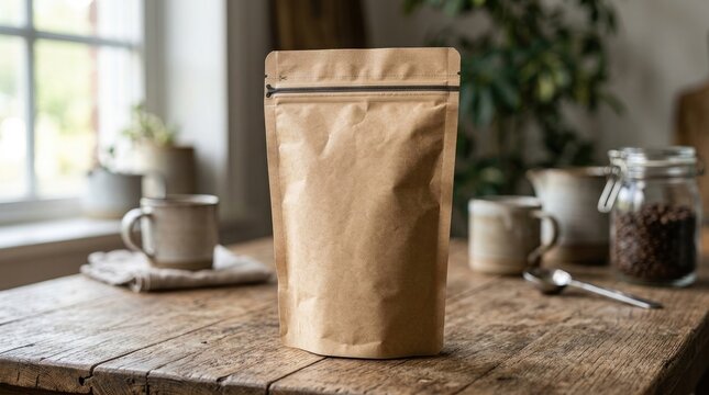 Brown paper coffee bag on wooden table with cups and jar