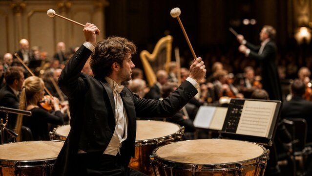 drummer. Symphony orchestra in performance with a drummer and blurred musicians in the background. gardening catalogs, home-decor guides, designed for home decor and floral branding.