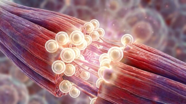 Close-up of striated muscle fibers with neuromuscular junctions on the ends of the myofibrils