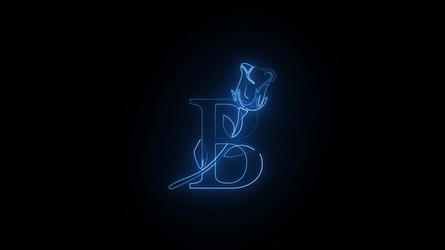 Blue neon letter b logo with glowing flower outline motion graphics on black background for branding projects
